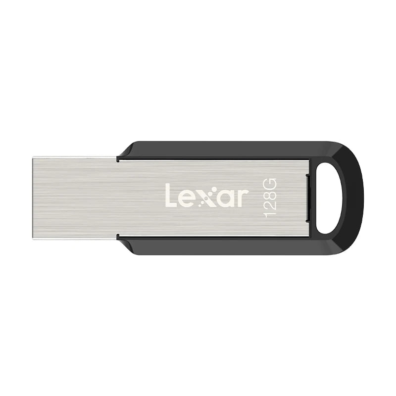 Silver Lexar 128GB USB flash drive with a black clip.