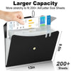 A black accordion file organizer with an elastic closure is shown holding multiple sheets of paper.