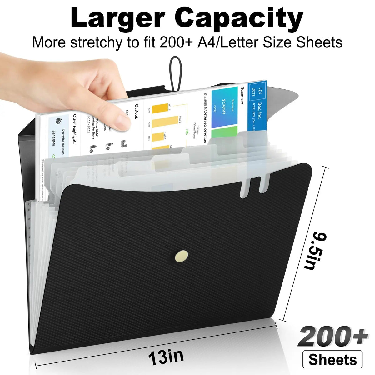 A black accordion file organizer with an elastic closure is shown holding multiple sheets of paper.