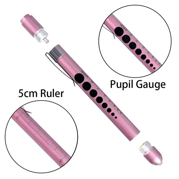 A pink medical penlight torch showing a ruler and pupil gauge features for precise measurement.