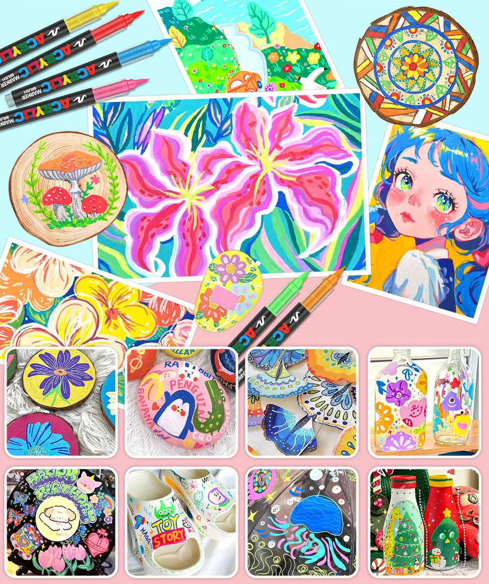 Colección de marcadores de pintura acrílica waterproof profesionales y arte colorido.