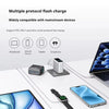A multi-protocol flash charger device is shown with cables and charging pads next to various electronic devices like a notebo