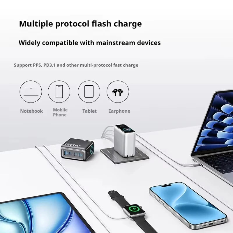A multi-protocol flash charger device is shown with cables and charging pads next to various electronic devices like a notebo