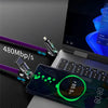 A close-up of a laptop and smartphone showing a purple fast charging cable with rotating connectors.