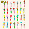 A collection of five multicolor kawaii ballpoint pens in various shapes and colors.
