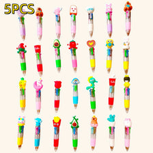 A collection of five multicolor kawaii ballpoint pens in various shapes and colors.
