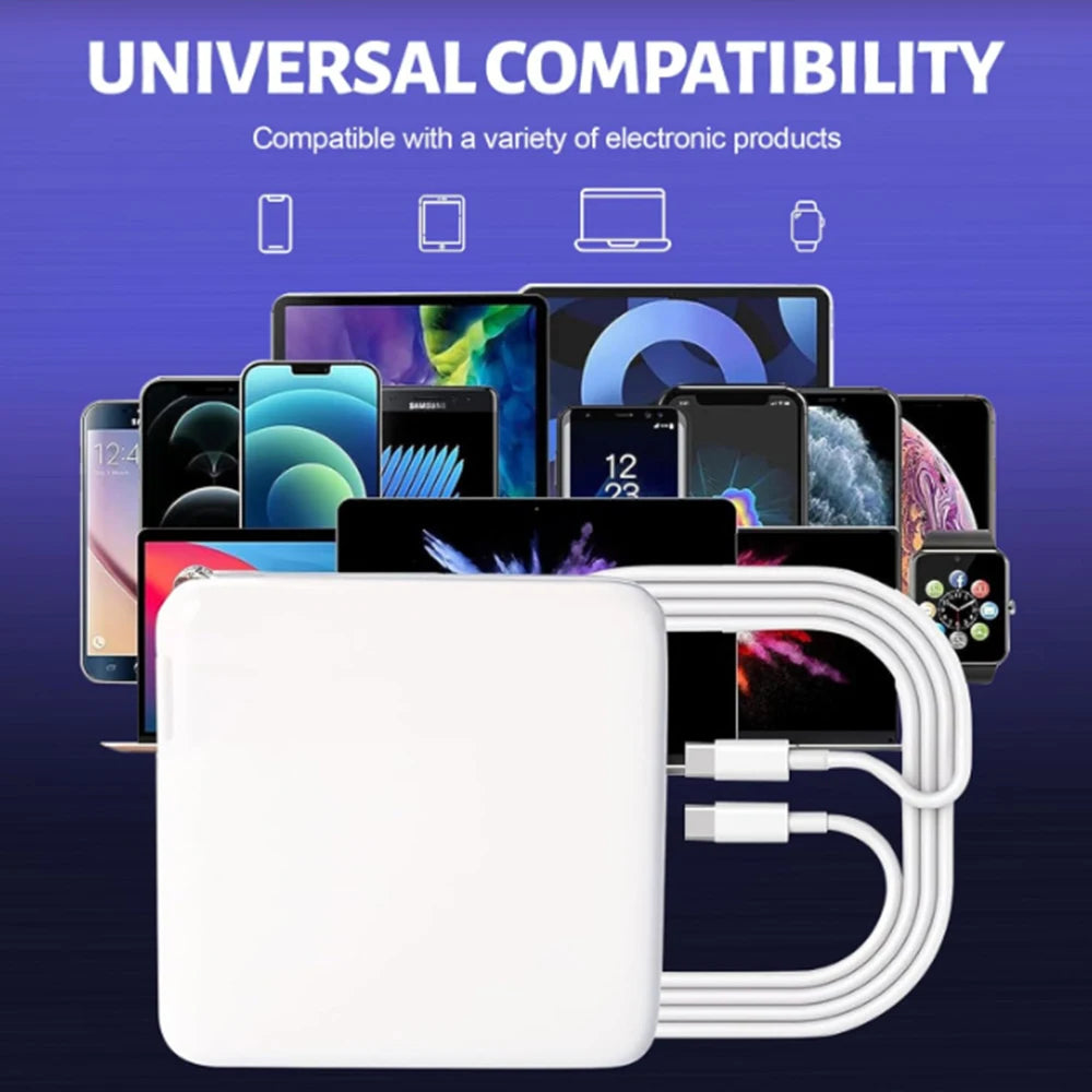 A white universal compatibility power adapter with multiple USB-C cables shown next to various electronic devices.