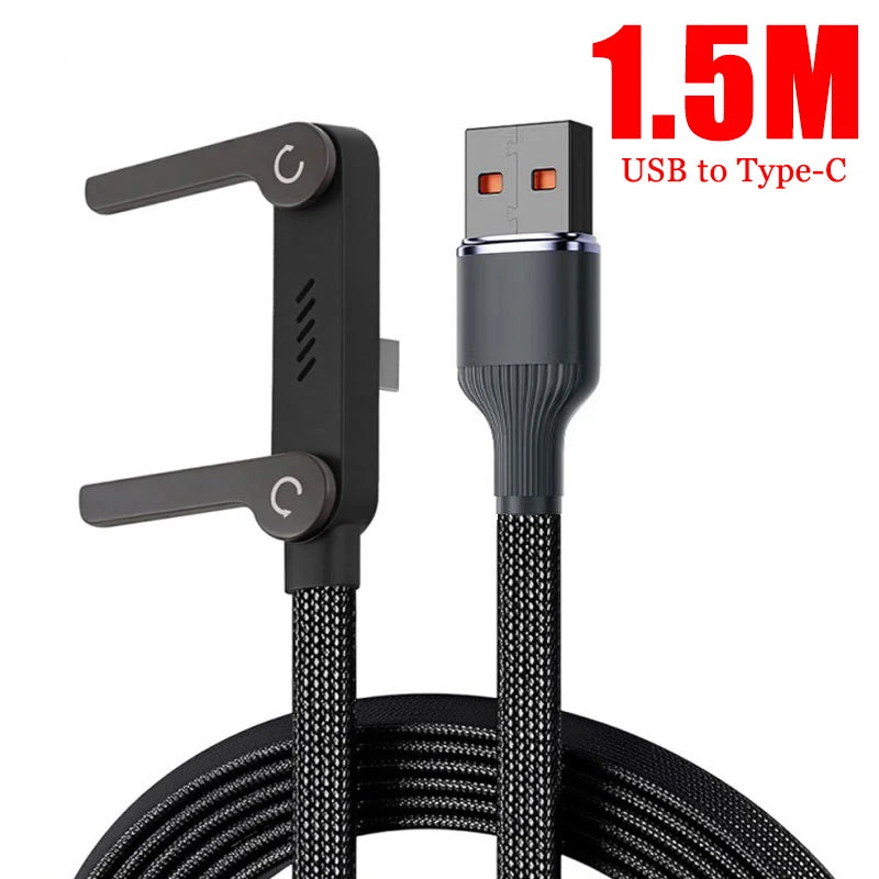 A black foldable USB to Type-C charging cable and phone holder with a braided cord.