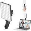 A portable clip-on LED selfie light is shown next to a laptop, demonstrating its use for lighting.