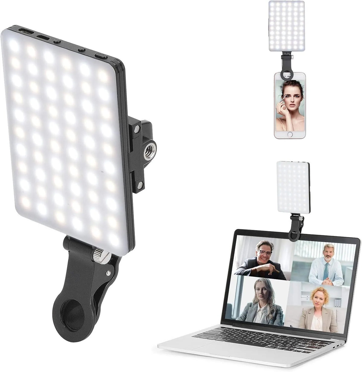 A portable clip-on LED selfie light is shown next to a laptop, demonstrating its use for lighting.
