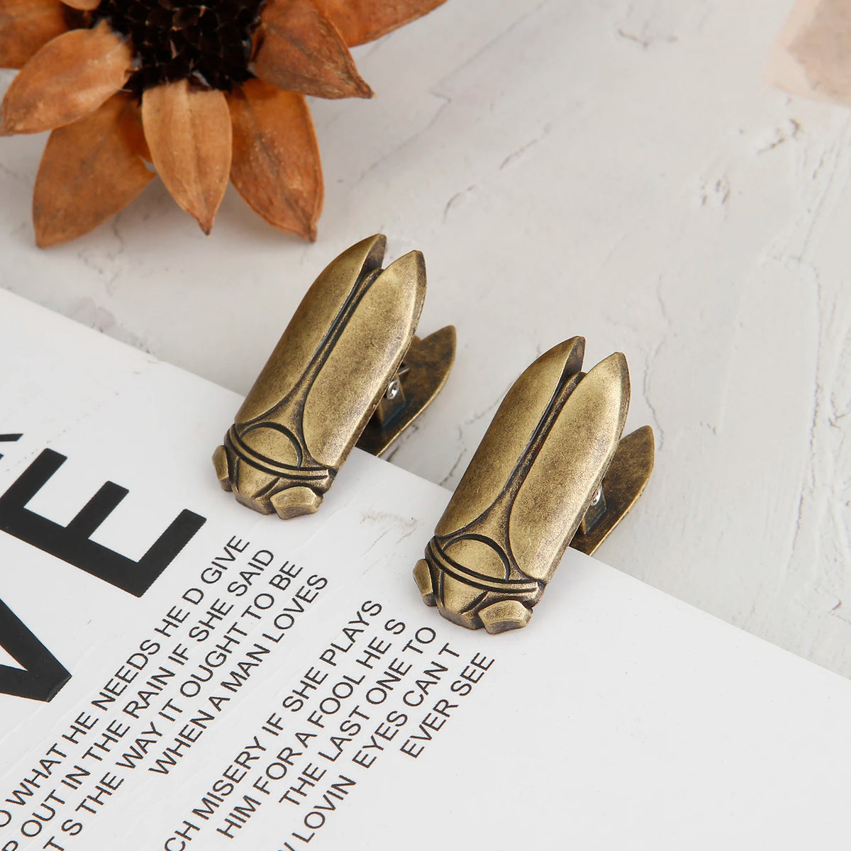 A set of brass metal beetle binder clips resting on a white surface next to printed text.