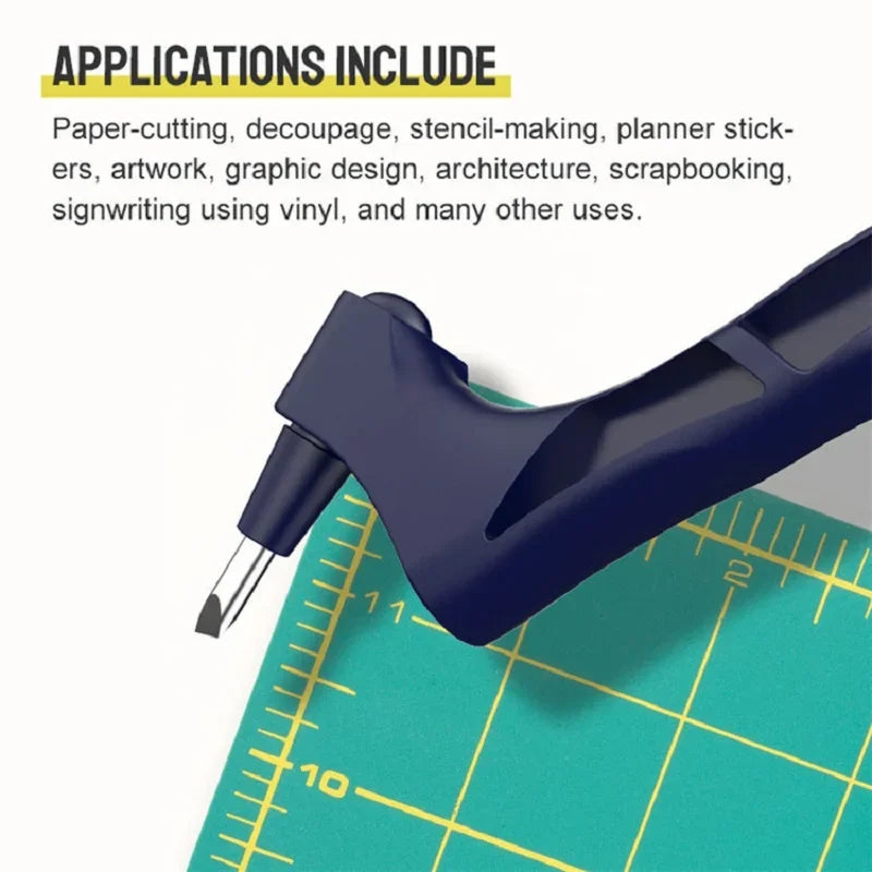 A dark blue steel art cutting tool is shown resting on a green ruler, demonstrating its use for various crafts.