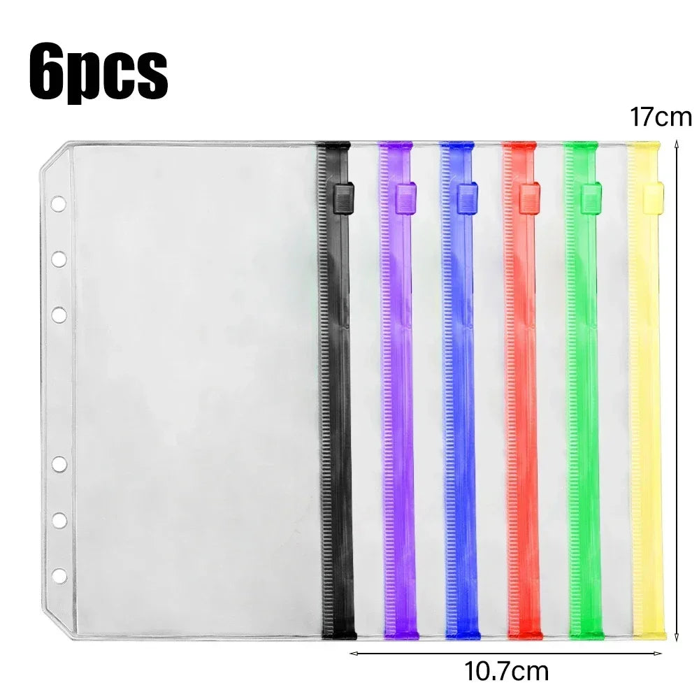 Six clear PVC zipper binder pockets with various colors and a 17cm length.