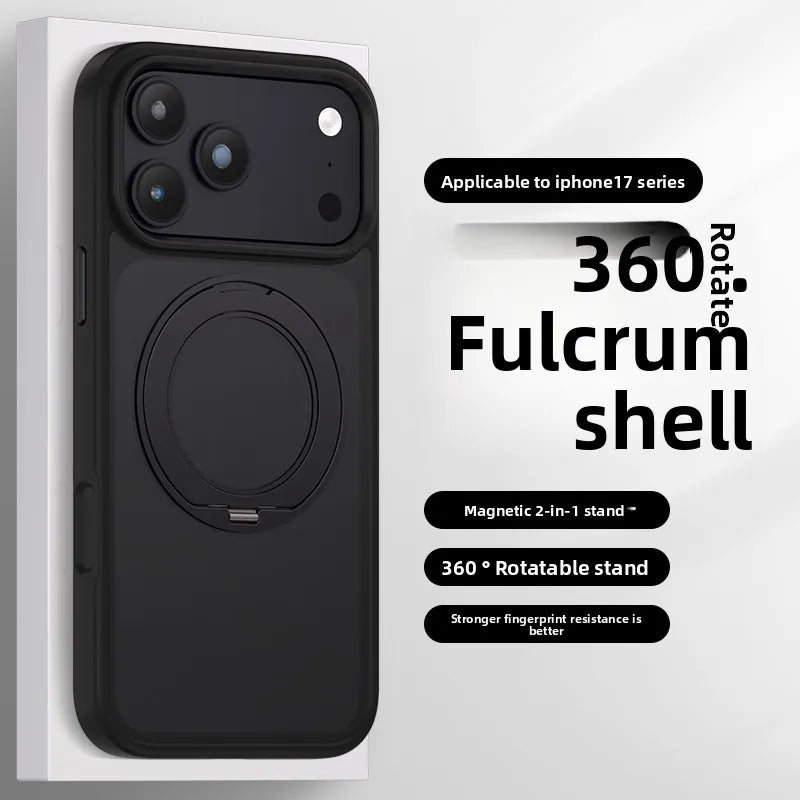 Black magnetic 360-degree rotating phone case with a built-in stand for iPhone 17 series