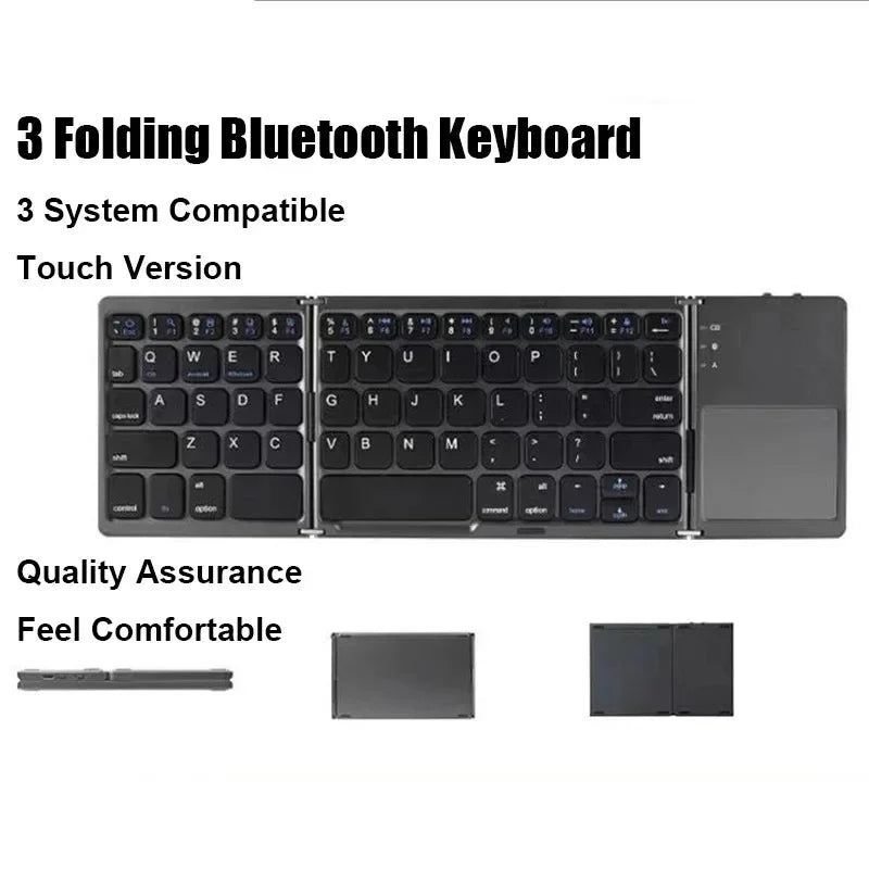 A black folding Bluetooth keyboard with a touchpad shown in various views.