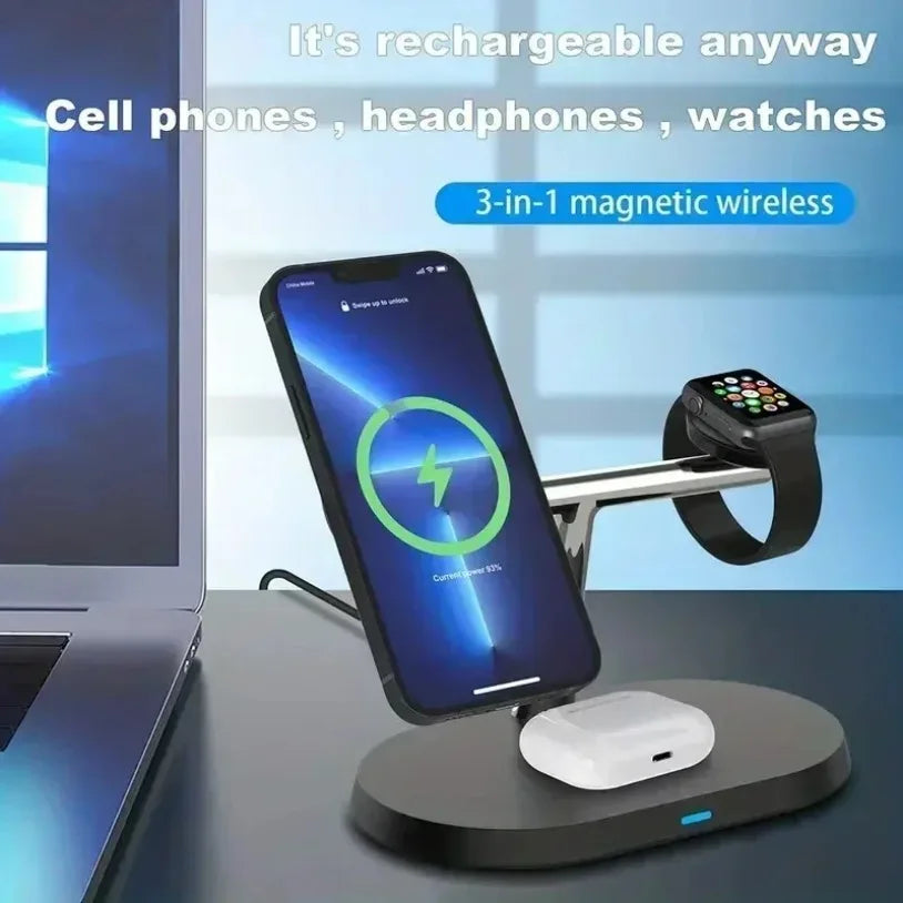 Schwarze magnetische kabellose Ladestation mit Smartphone und Smartwatch