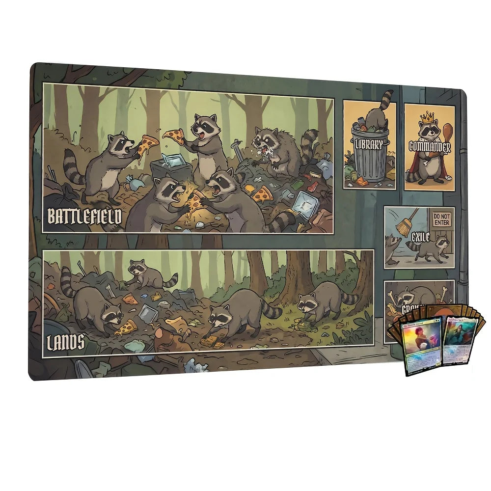 A rectangular playmat featuring illustrations of pandas in various scenes like a battlefield, lands, and library.