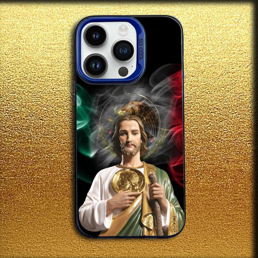 iPhone case featuring a painting of Saint Jude Thaddeus with a matte silicone finish on a gold background.