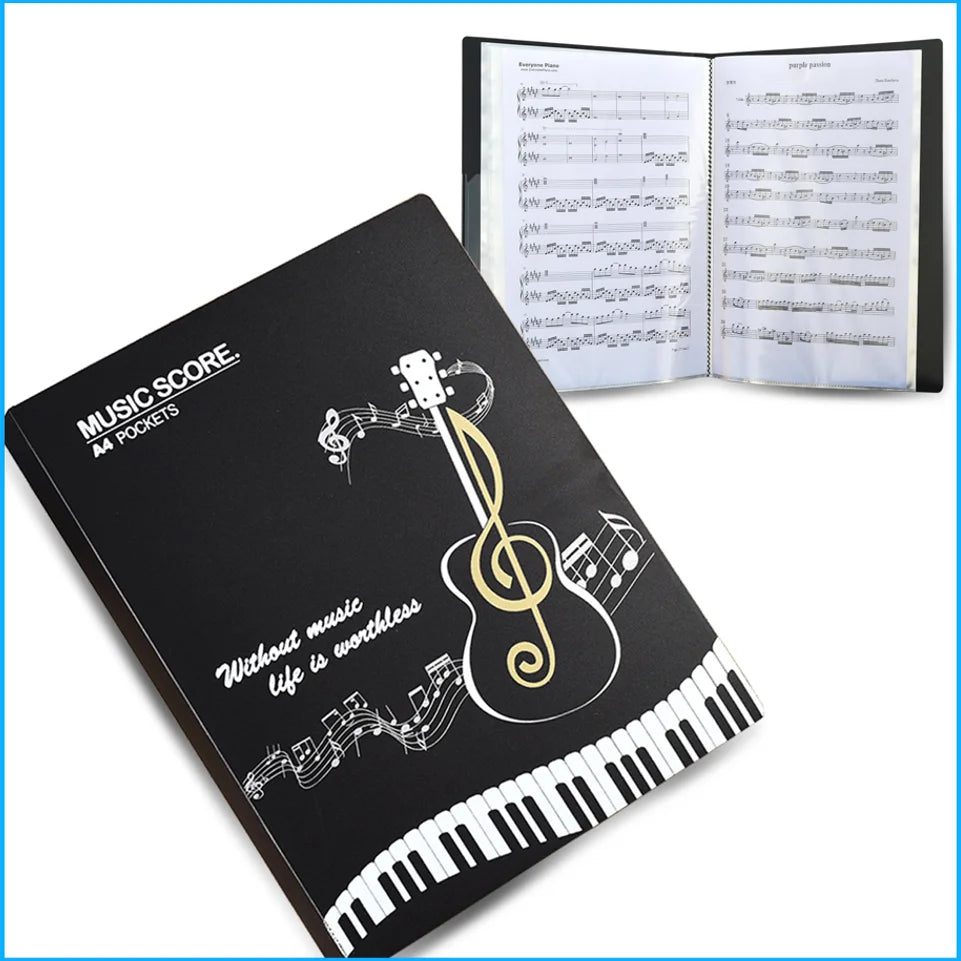 A black music score folder with sheet music visible inside, featuring a musical staff and treble clef design.