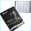 A black music score folder with sheet music visible inside, featuring a musical staff and treble clef design.