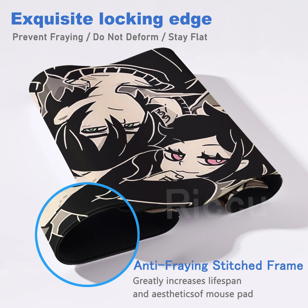 A close-up view of a black gaming mouse pad featuring an exquisite locking edge and anti-fraying stitched frame design.
