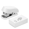 A white compact mini stapler kit with staples shown in an open casing and a separate box.