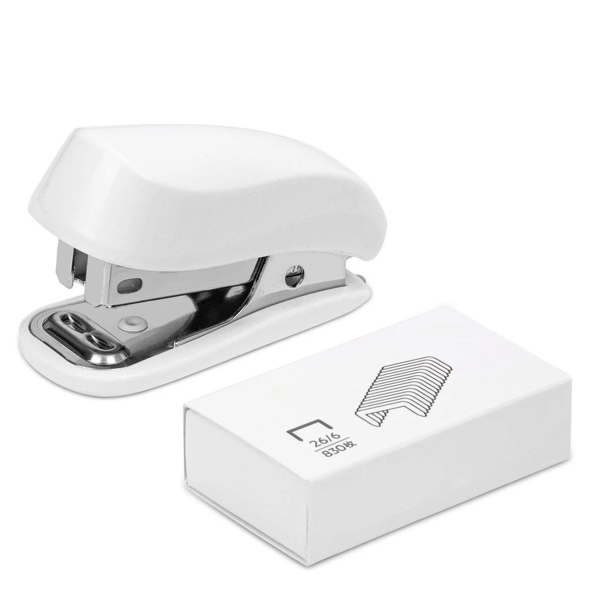 A white compact mini stapler kit with staples shown in an open casing and a separate box.