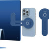 A blue magnetic phone holder is shown next to a light blue smartphone and a dark blue laptop or monitor.