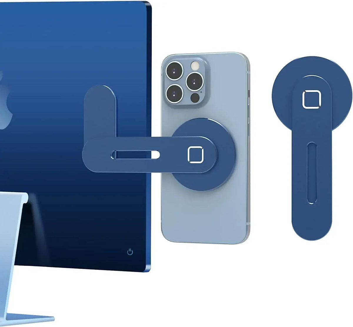 A blue magnetic phone holder is shown next to a light blue smartphone and a dark blue laptop or monitor.