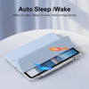 A light blue protective case for an iPad showing options to wake or sleep mode.