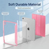 A pink multi-device protective case for an iPad is shown with a clear acrylic cover and a pink folio case.
