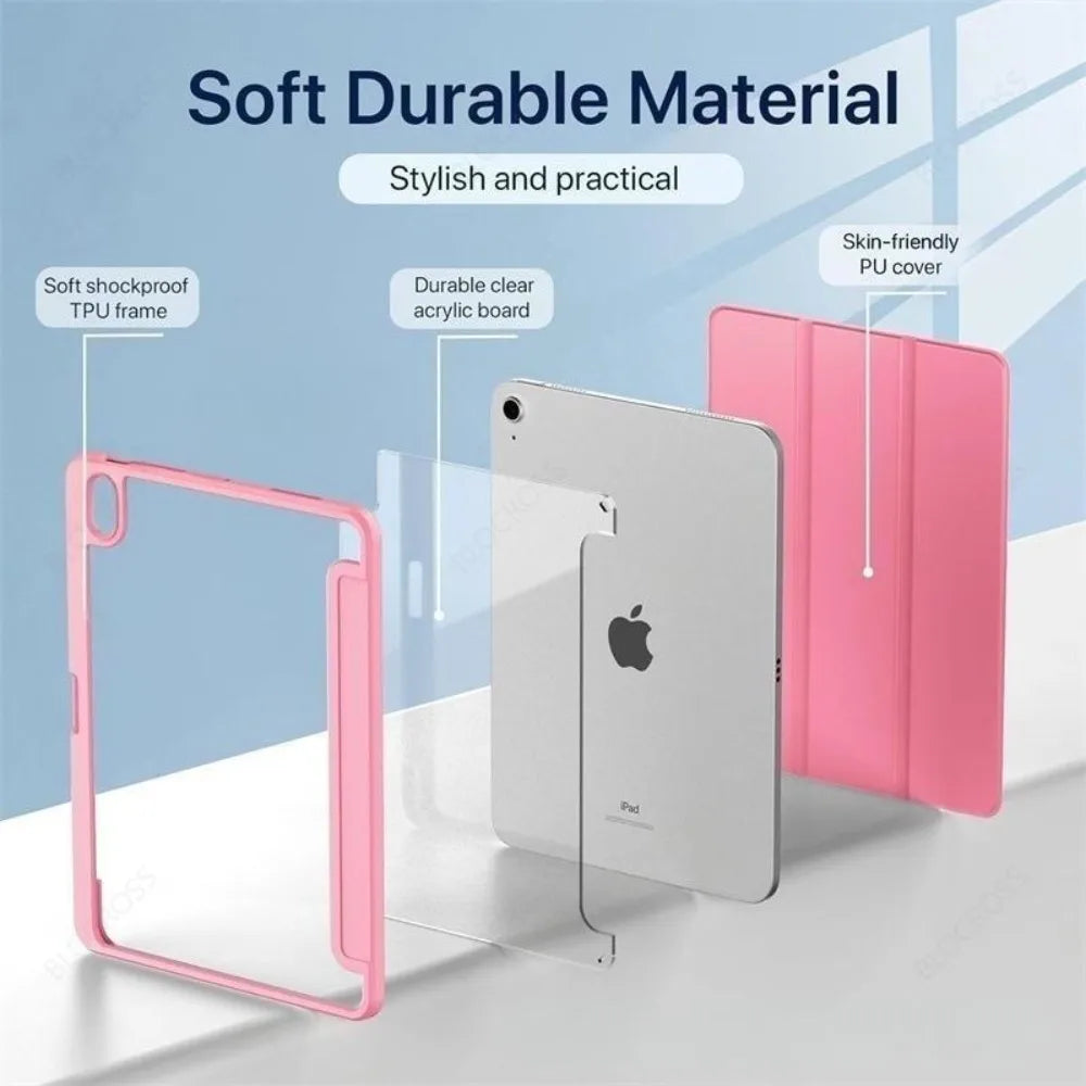 A pink multi-device protective case for an iPad is shown with a clear acrylic cover and a pink folio case.