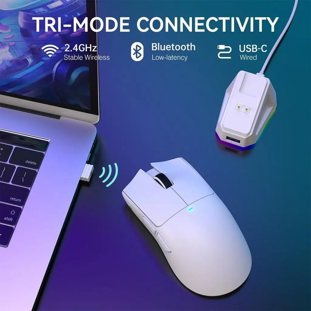 A white wireless gaming mouse is shown next to a laptop, illustrating tri-mode connectivity options.