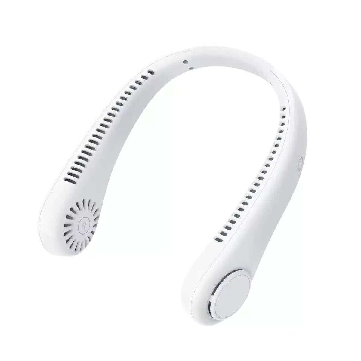 A white bladeless portable neck fan shown from the side.