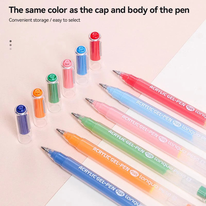 A collection of various colored acrylic gel pens displayed on a light pink background.