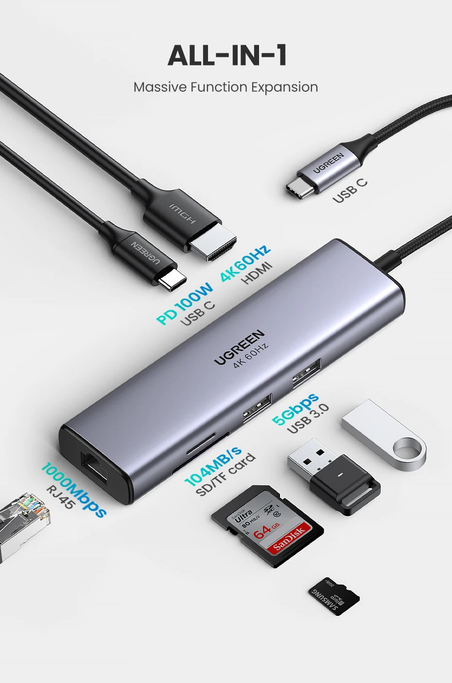 محوّل USB-C فضي متعدد المنافذ مزود بـ HDMI و Ethernet وتوصيل الطاقة ومنافذ توسيع متنوعة.