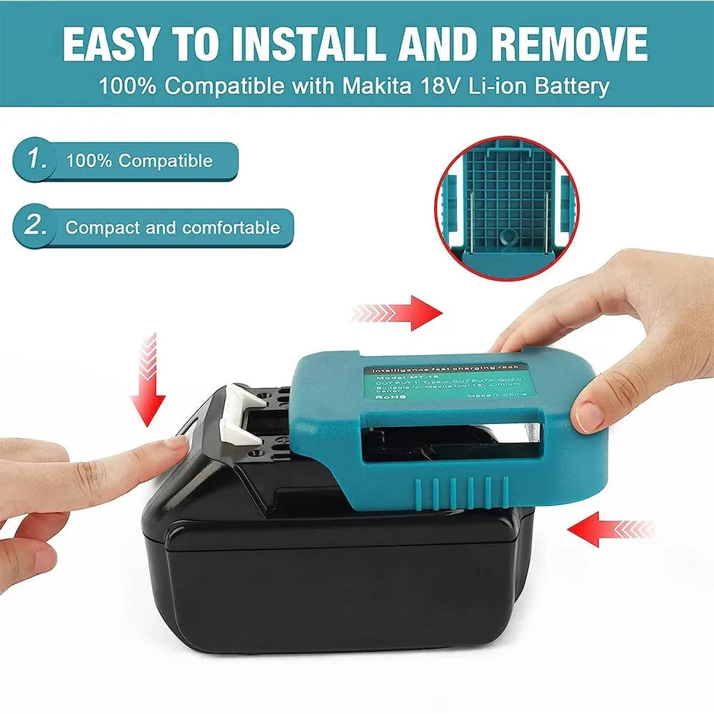 A hand holds a portable adapter for Makita 18V tools, showing its compact design and connection features.