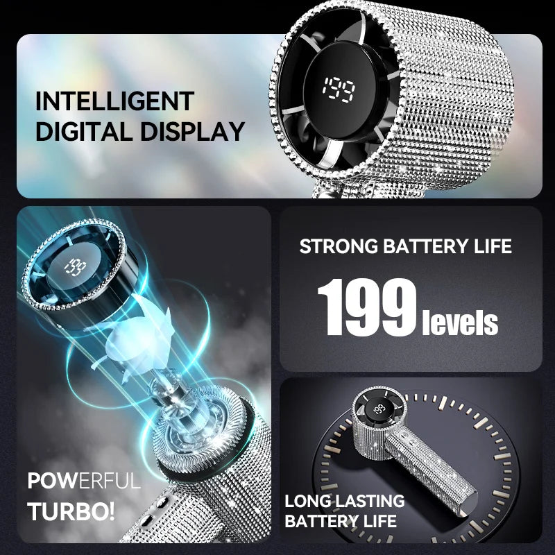Close-up of a sparkling diamond portable handheld fan showing an intelligent digital display and strong battery life features