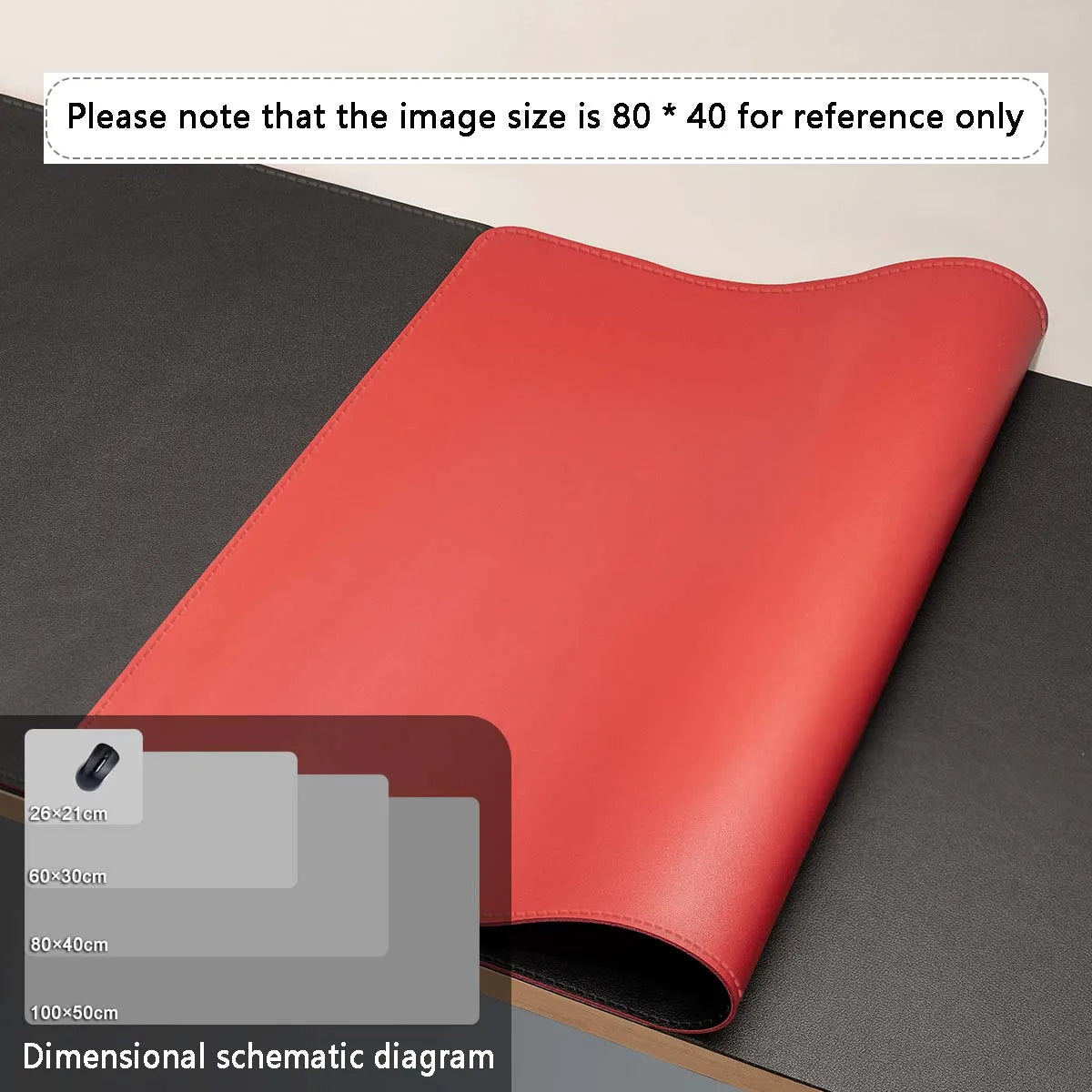 Rote Premium-PU-Leder-Deskmatte, flach auf dunkler Oberfläche mit dimensionaler Skizze.