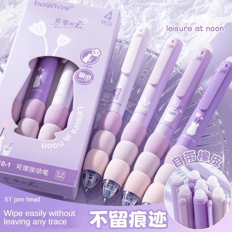 A box of purple and pink gel pens with soft grips is shown alongside several pens, demonstrating their use for leisure at noo