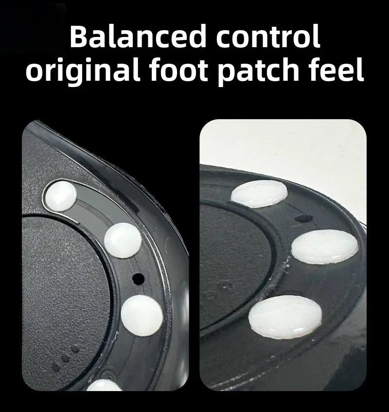 Close-up view of a black foot patch featuring white adhesive dots for balanced control.