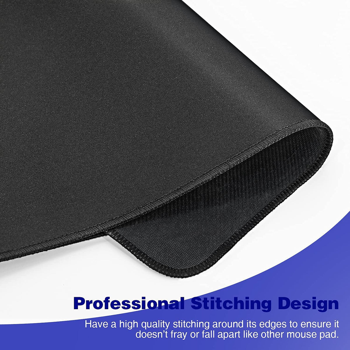Black anti-slip rubber mouse pad showing professional stitching design around the edges