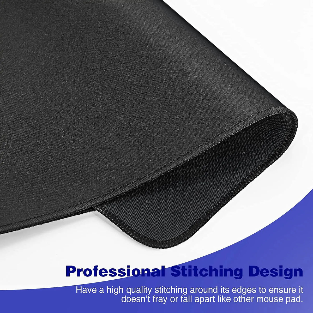 Black anti-slip rubber mouse pad showing professional stitching design around the edges