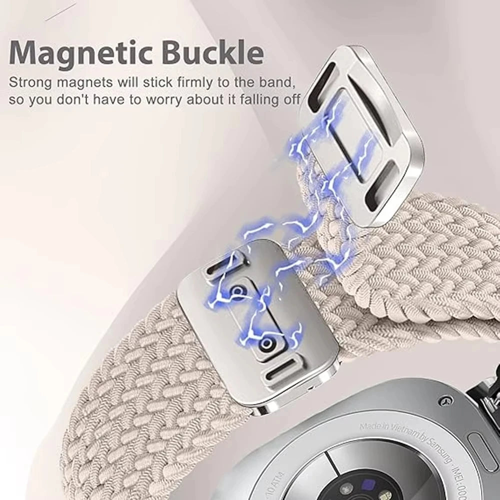 Nahaufnahme eines magnetischen Verschlusses, der an ein Armband gebunden wird.