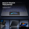 A multi-touch trackpad is shown with a keyboard, demonstrating Type-C charging, anti-scratch PU leather, and automatic sleep/
