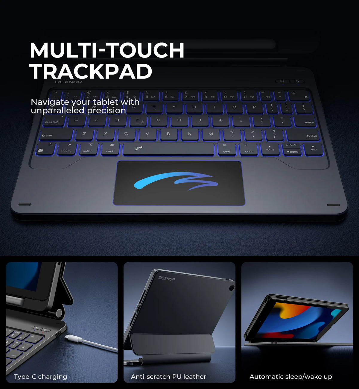 A multi-touch trackpad is shown with a keyboard, demonstrating Type-C charging, anti-scratch PU leather, and automatic sleep/