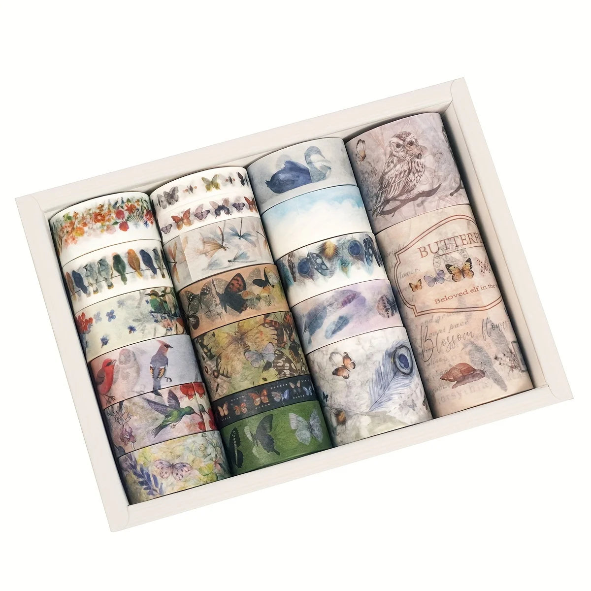 A set of oil painting themed decorative washi tape rolls displayed in a white frame.
