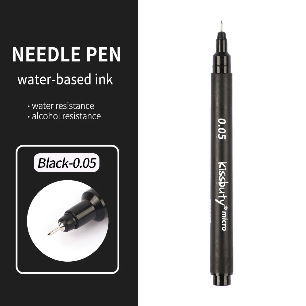 A black needle pen with a fine tip, labeled 0.05, shown next to a small inset image.