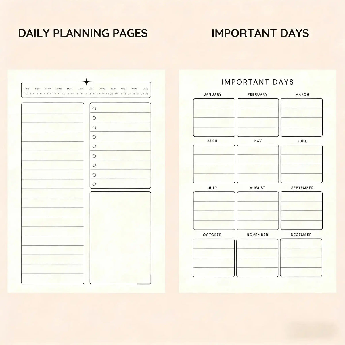 Daily planning pages and important days calendar pages for business and legal notes