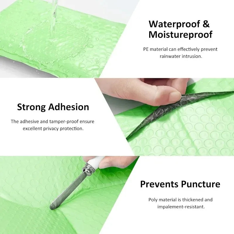 Grüner Poly-Blasen-Umschlag, der wasserdichte, feuchtigkeitsresistente und manipulationssichere Funktionen demonstriert.